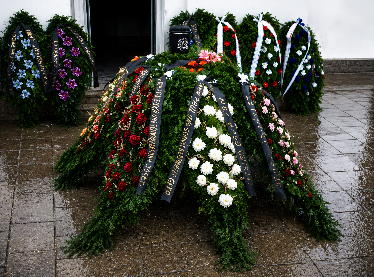 Trauerkränze und Blumengebinde am Grab